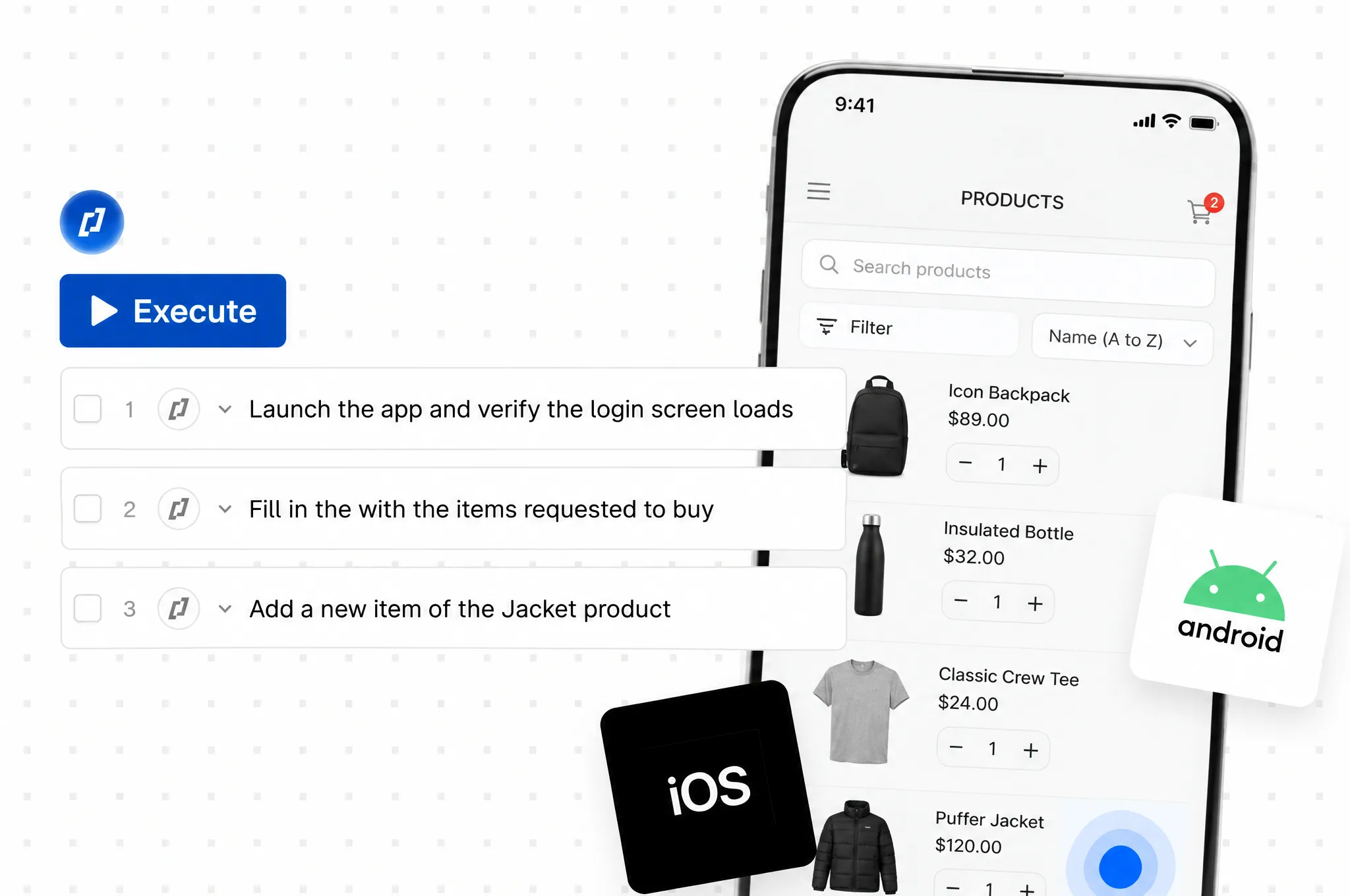 Thunders mobile test run on a mobile app, showing generated test steps alongside the iOS and Android app screen