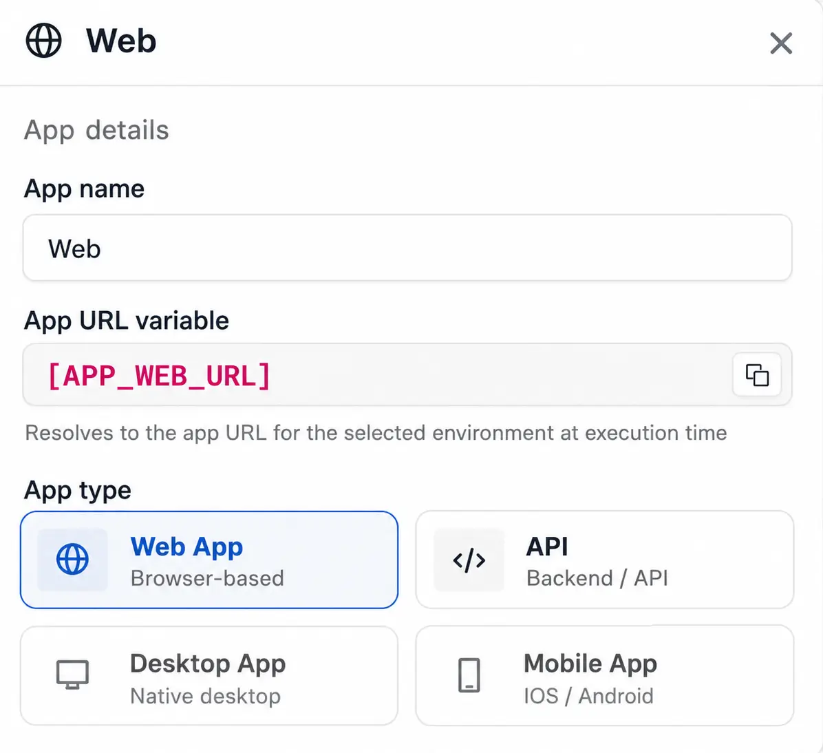 Thunders Web app details panel showing the App URL variable [APP_WEB_URL], which resolves to the app URL for the selected environment, with Web App selected as the app type