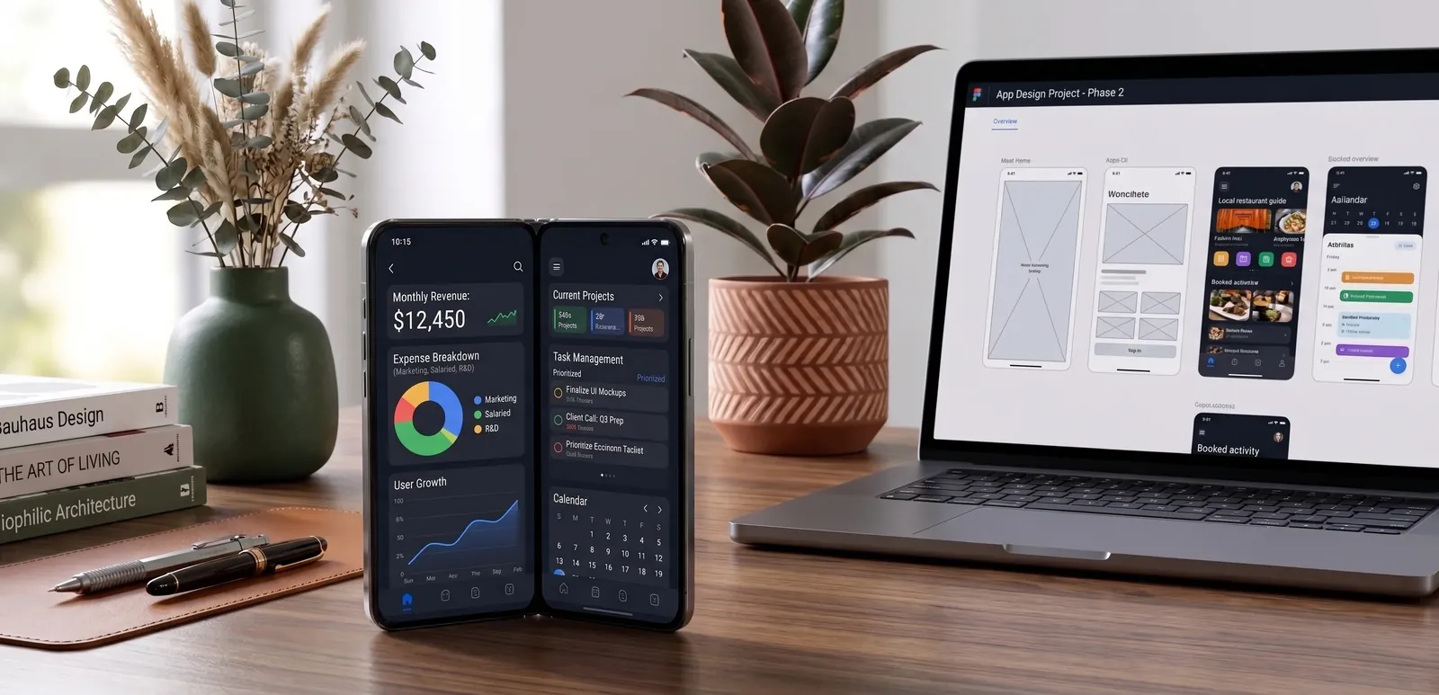Photo of a foldable phone standing open on a desk, showing a finance dashboard and a task list across both screens, next to a laptop displaying app mockups