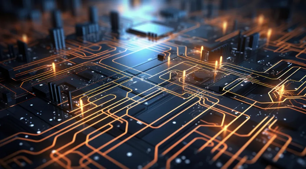 Close-up illustration of a circuit board with glowing orange traces and electronic components