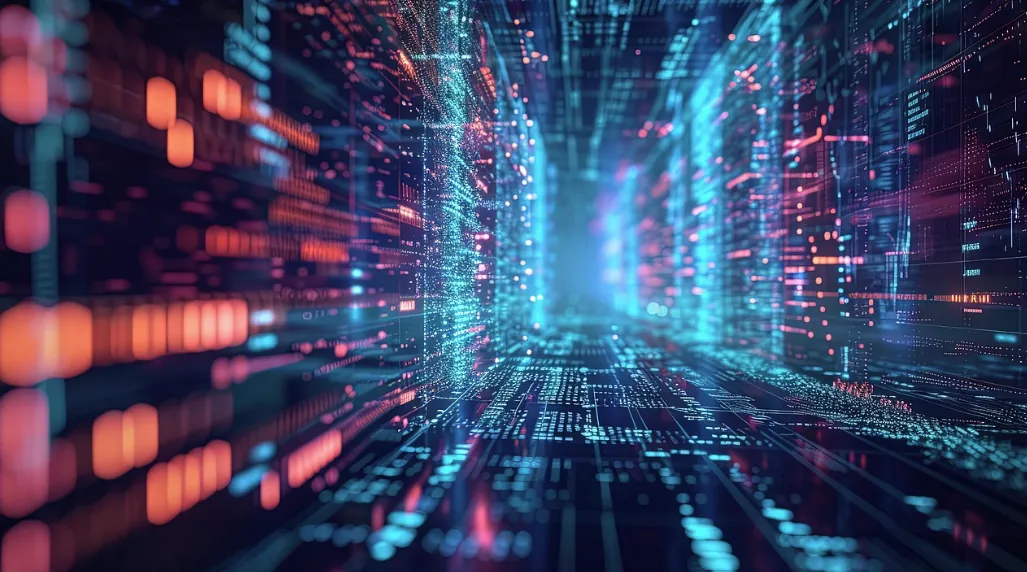 Abstract illustration of a digital tunnel made of glowing blue and orange data streams