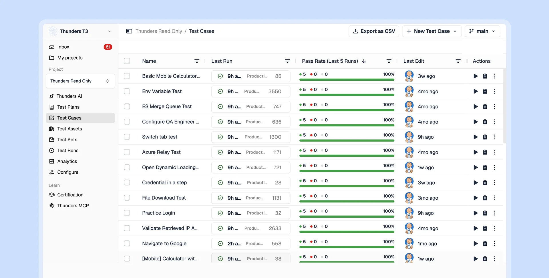 Thunders test cases list sorted by pass rate, with a column of green 100% pass-rate bars across the suite