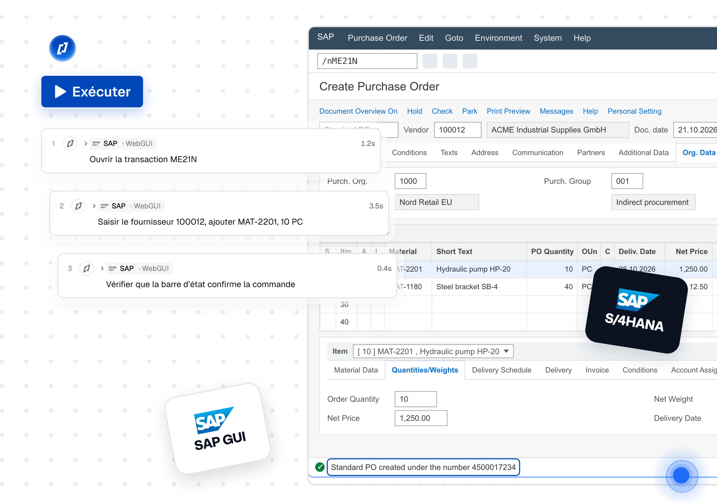 Cas de test Thunders pour SAP: un bouton Exécuter et trois étapes en langage naturel qui ouvrent la transaction ME21N, saisissent le fournisseur 100012 avec l’article MAT-2201 et vérifient la barre d’état, devant l’écran SAP Create Purchase Order confirmant « Standard PO created under the number 4500017234 », avec les tuiles SAP GUI et S/4HANA