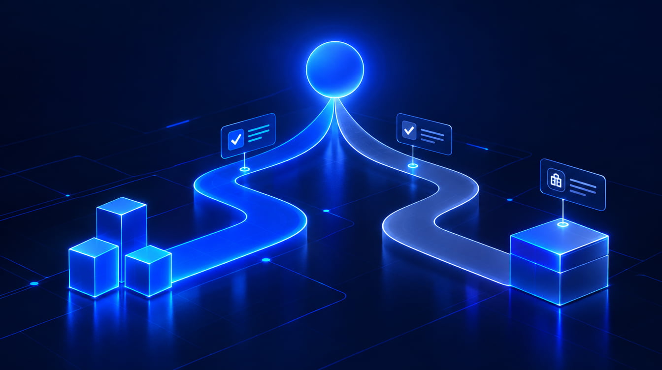 Deux chemins lumineux partent d'un même point, l'un vers un groupe de petits blocs, l'autre vers un bloc plus grand, avec des repères de validation le long de chaque voie, pour illustrer le choix entre construire et acheter son automatisation de tests