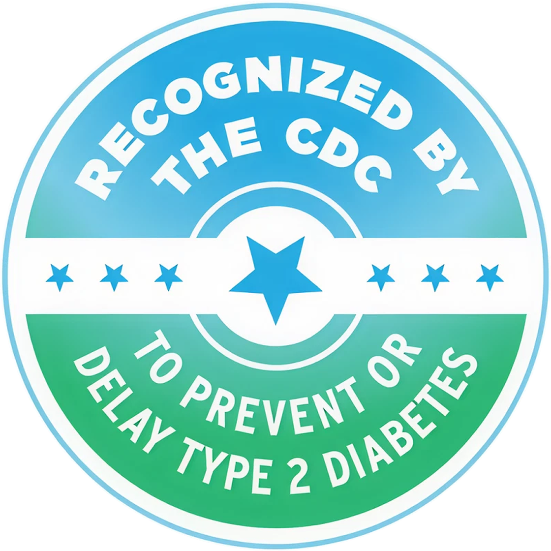 Circular badge stating recognized by the CDC to prevent or delay type 2 diabetes with a central star and smaller stars on a blue and green background.