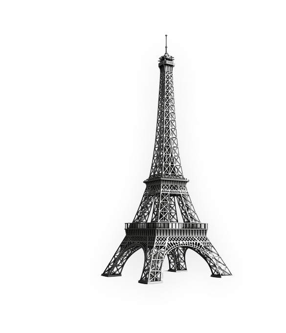 Monochrome 3D model of the Eiffel Tower with detailed lattice structure on a transparent background.