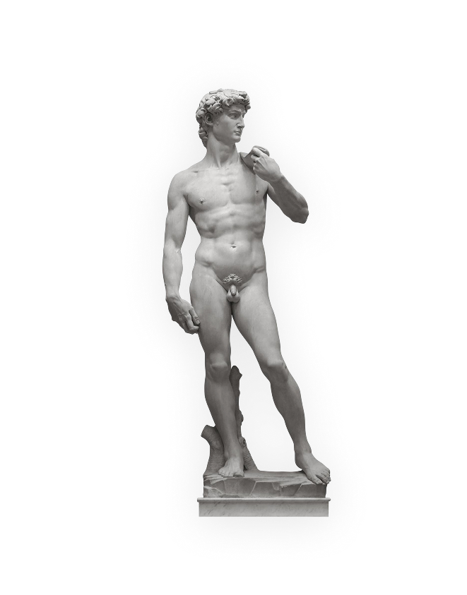 Full view of Michelangelo's marble statue of David standing nude with a sling over his shoulder.