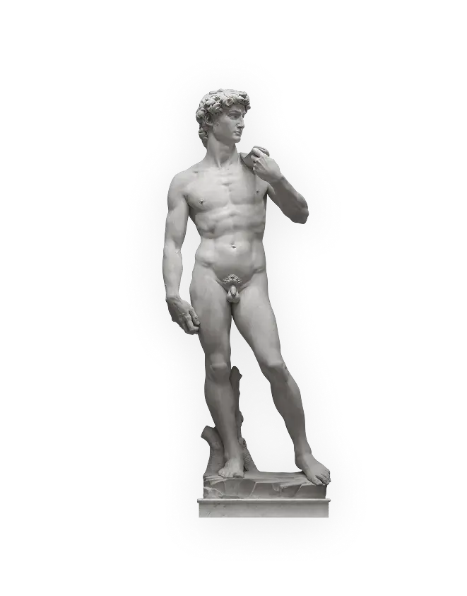 Full-length marble statue of David by Michelangelo, standing with a sling over his shoulder.