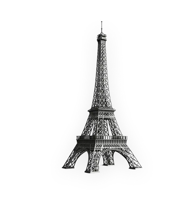 Black and white detailed model of the Eiffel Tower isolated on a transparent background.