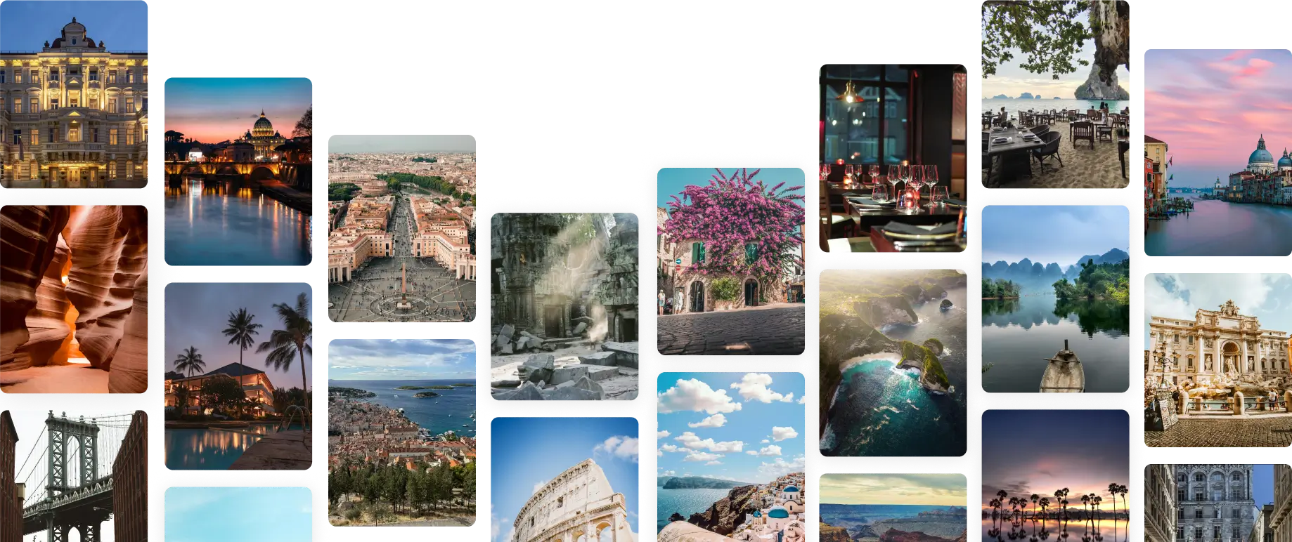 Collage of travel destinations including Statue of Liberty, Antelope Canyon, Griffith Observatory, Colosseo, Grand Canyon, The Savoy hotel, Paris cityscape with Eiffel Tower, Arc de Triomphe, and maps with route markers for sightseeing, dining, and staying.