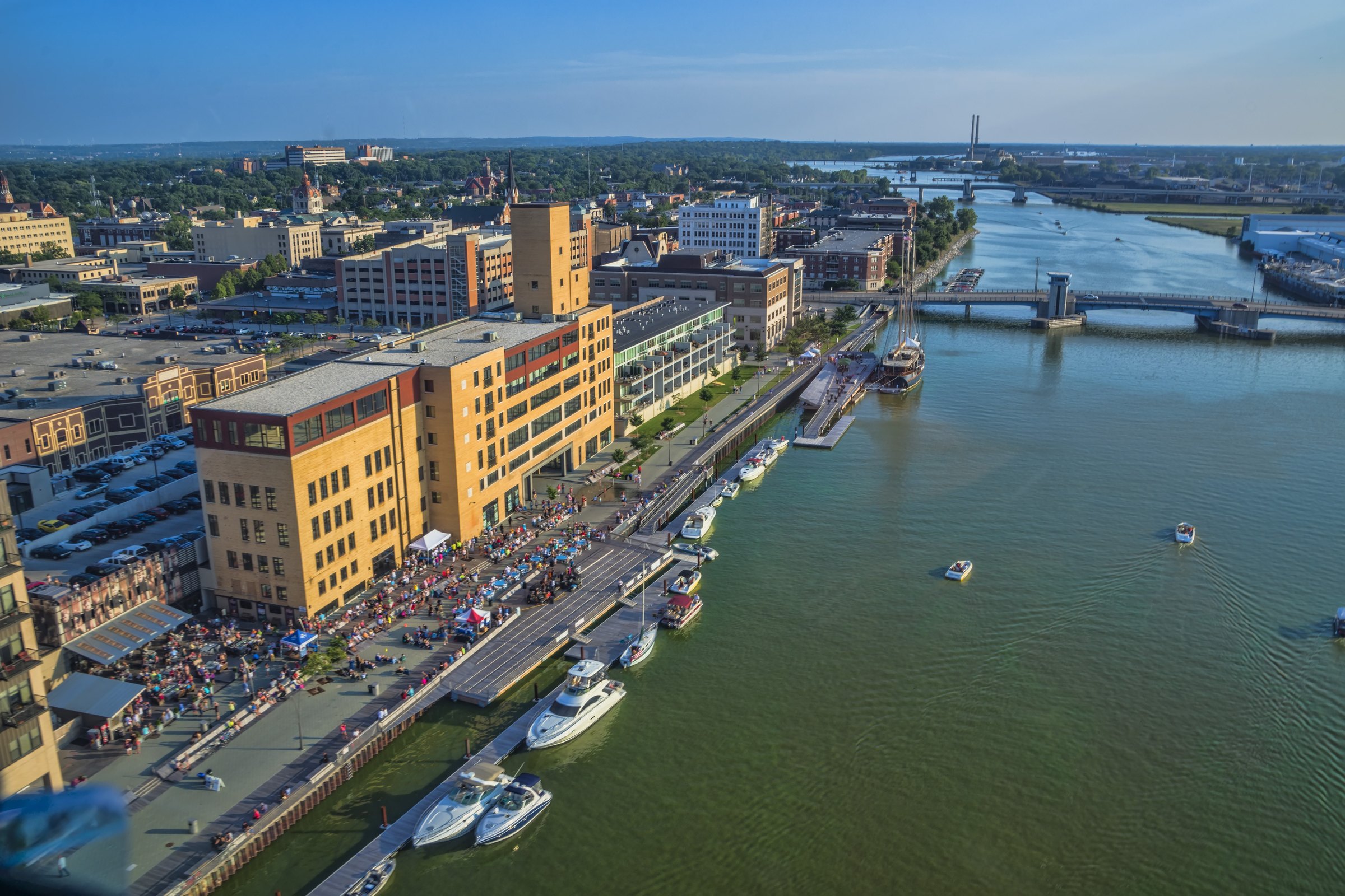 The CityDeck riverfront boardwalk along the Fox River in downtown Green Bay, Wisconsin
