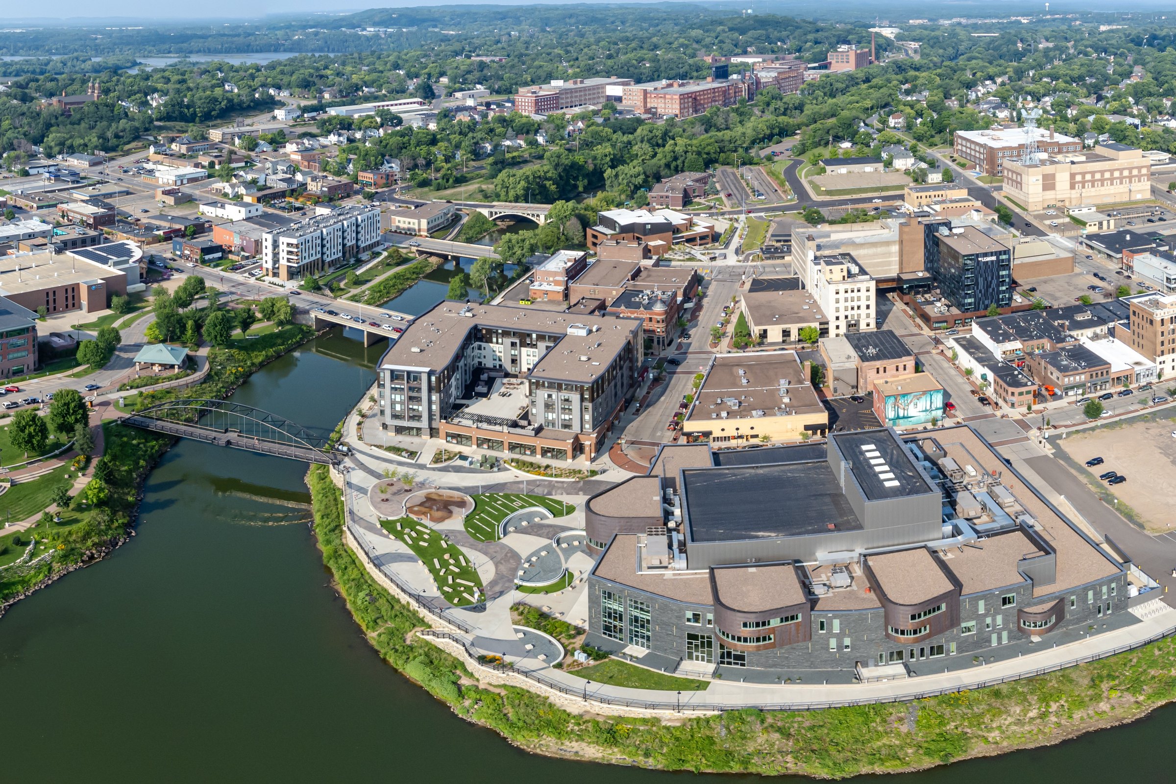 Aerial view of downtown Eau Claire, Wisconsin at the confluence of the Chippewa and Eau Claire rivers