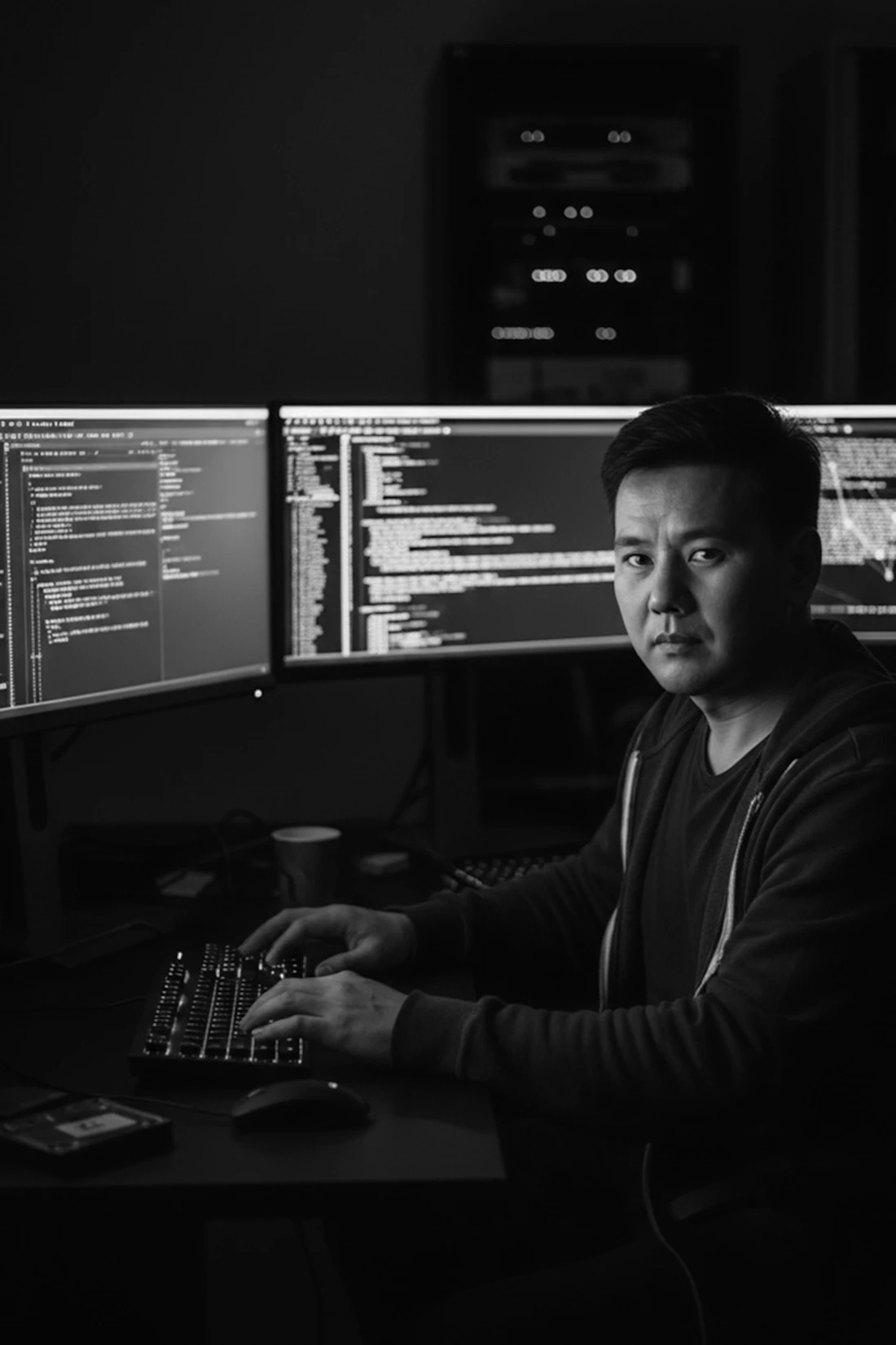 IT specialist at a keyboard in front of multiple monitors and a server rack