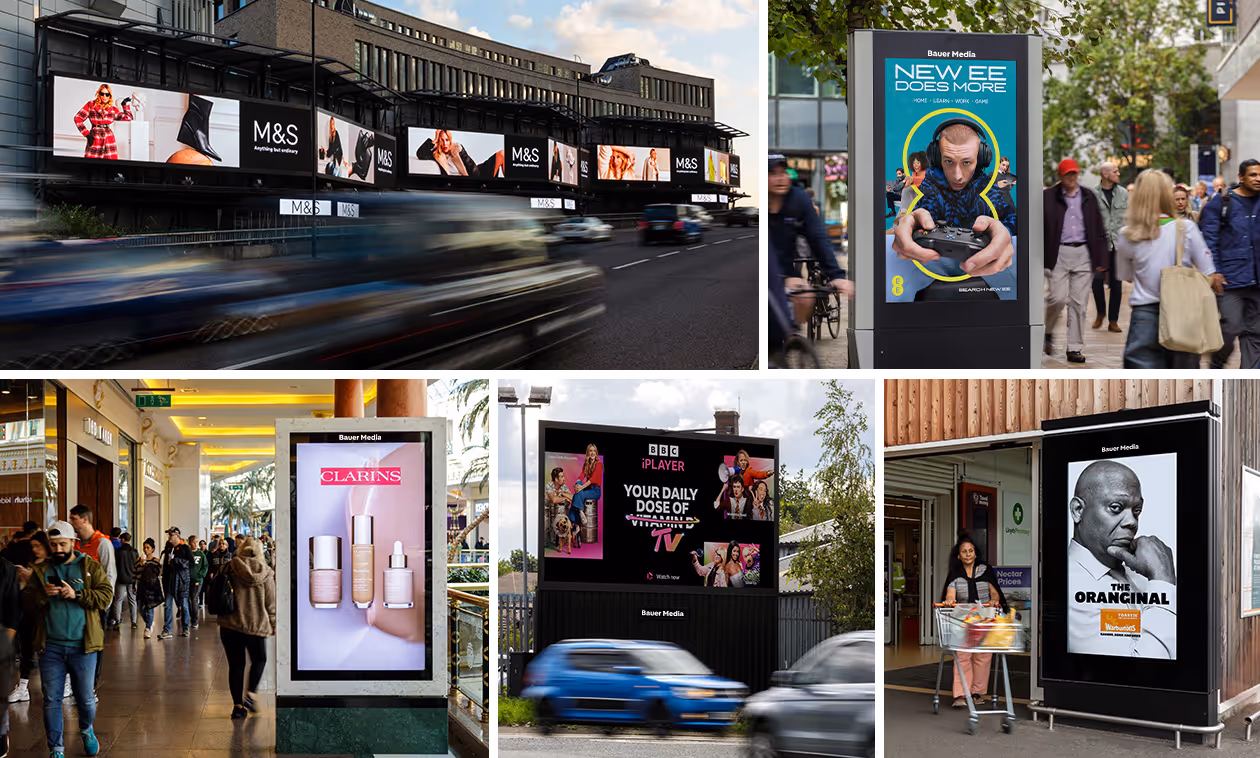 Mix of Bauer Media Outdoor advertising formats on high streets, by the road, in shopping centres and outside supermarkets.