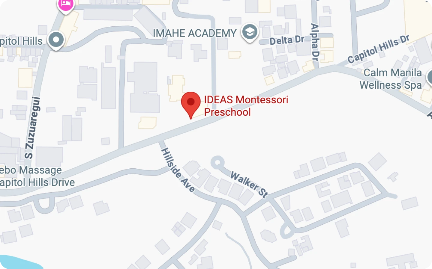 Map showing the location of IDEAS Montessori Preschool near Capitol Hills Drive, with nearby roads Hillside Ave, Walker St, S Zuzuaregui, and landmarks like IMAHE Academy and Calm Manila Wellness Spa.