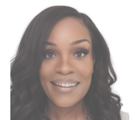 Portrait of a woman with long curly black hair wearing a black top against a light background.