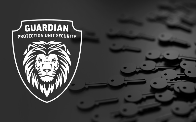 White Guardian Protection Unit Security shield logo with a lion head on a black background with scattered keys.