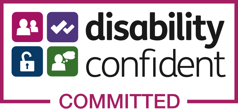 Disability Confident Committed logo with icons of people, check marks, an unlocked padlock, and a person with a thought bubble.