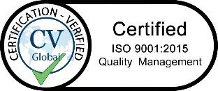 ISO 9001:2015 Quality Management certified badge with CV Global certification verified logo.