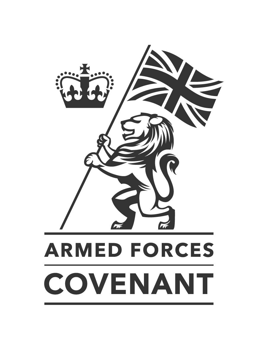 Armed Forces Covenant logo featuring a lion holding a Union Jack flag next to a crown icon.