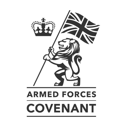 Emblem of a lion holding a Union Jack flag beside a crown icon with the text Armed Forces Covenant underneath.