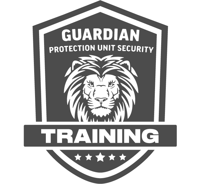 Shield emblem with a lion's head and text Guardian Protection Unit Security Training.