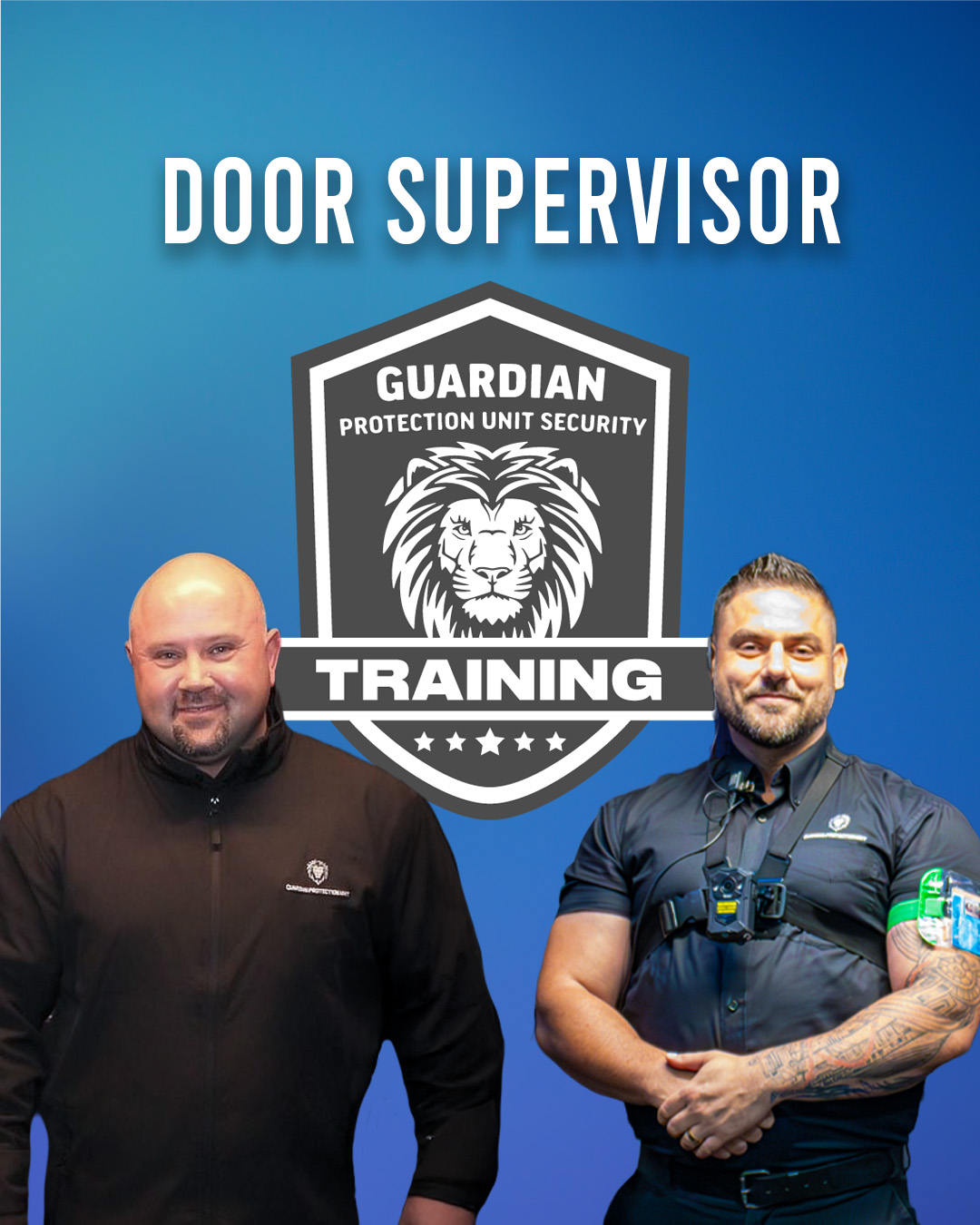 Two men standing in front of a Guardian Protection Unit Security Training logo with lion head, text 'Door Supervisor'.