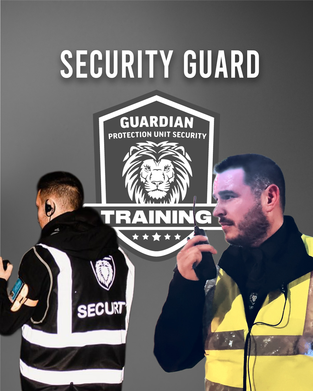 Two security guards in uniform with a lion shield logo and the text 'Security Guard Training.'