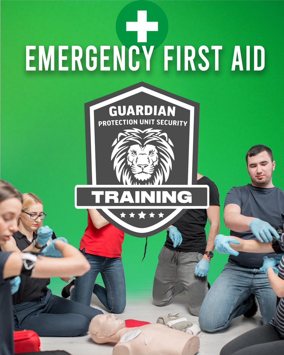 People wearing gloves practicing emergency first aid with a CPR dummy on the floor.