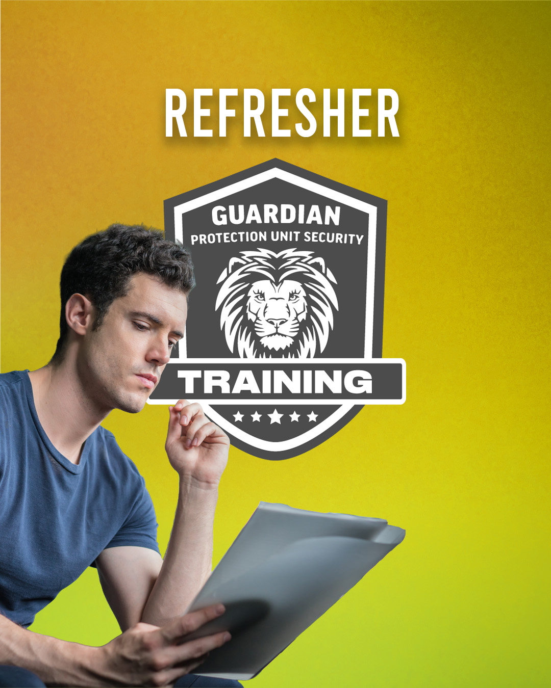 Man in a blue shirt reading papers with a Guardian Protection Unit Security training emblem behind.