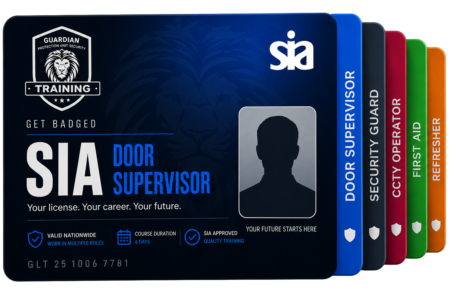 Stack of security training badges showing roles like Door Supervisor, Security Guard, CCTV Operator, First Aid, Refresher.