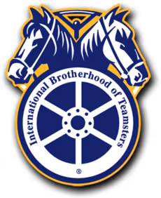Logo of International Brotherhood of Teamsters with two horses' heads and a wheel.