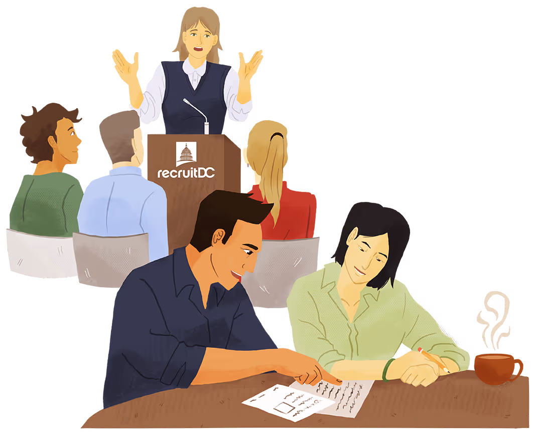 A woman speaking at a recruitDC podium in front of an audience, while two people at a table review documents together with coffee nearby.