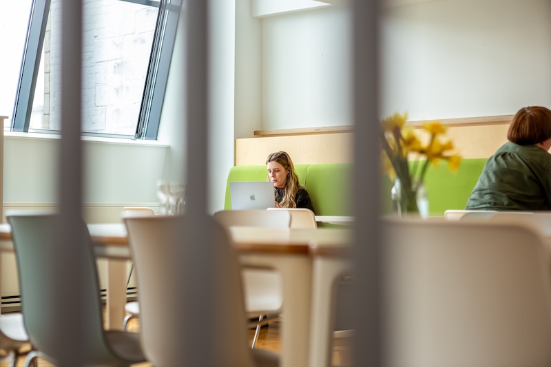 Female Pan Macmillan employee working on a laptop in a stylish, modern office.
