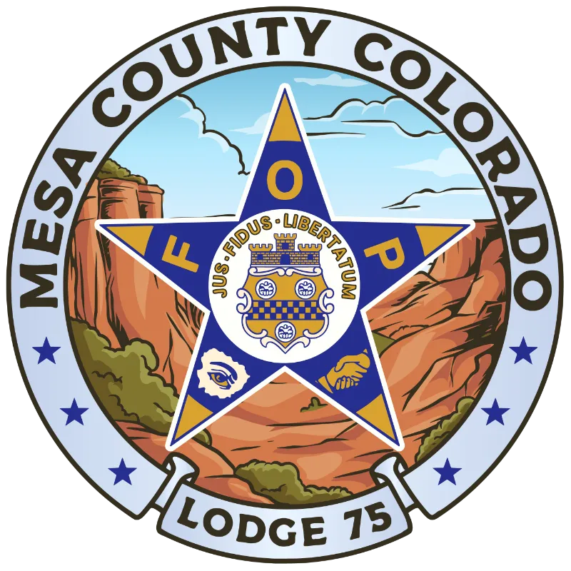 Mesa County Colorado Fraternal Order of Police Lodge 75 emblem featuring a blue and gold star with a crest and landscape of red cliffs.