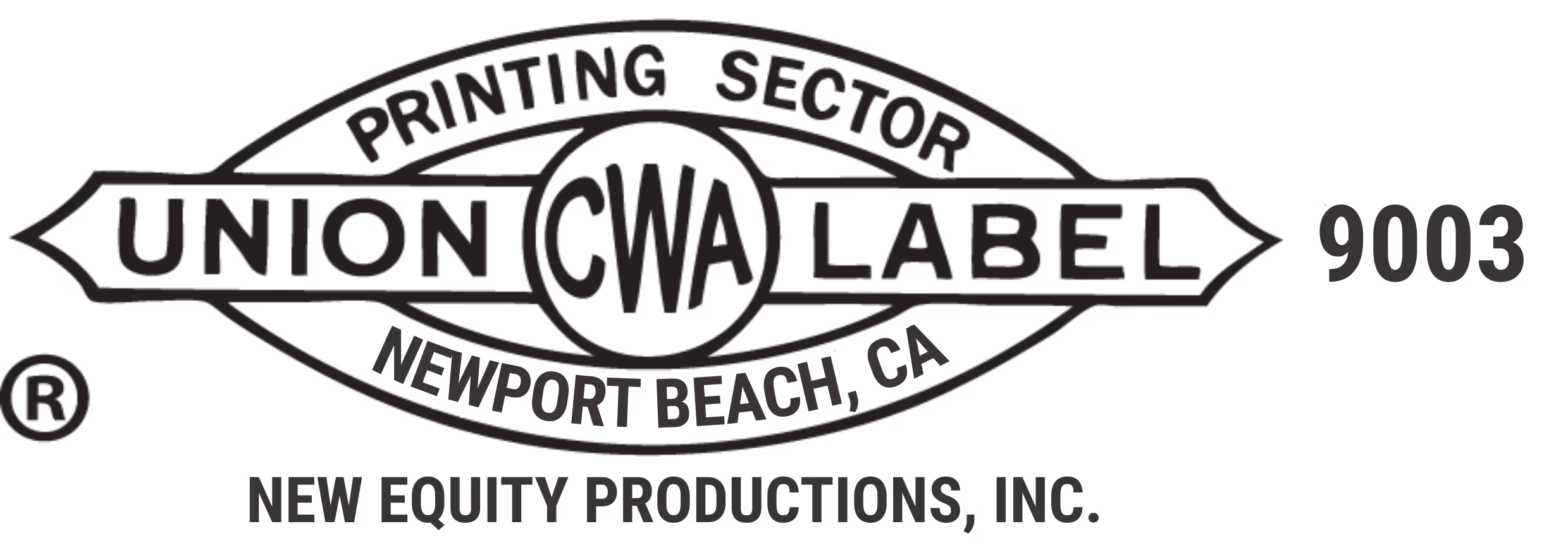 CWA Union Label for printing sector with number 9003 and New Equity Productions, Inc., Newport Beach, CA.
