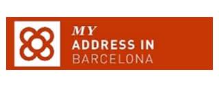 Logotipo con texto 'My Address in Barcelona' sobre fondo rojo y símbolo entrelazado blanco.