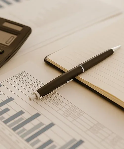 Bolígrafo negro sobre un cuaderno abierto y gráficos impresos junto a una calculadora.