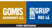 Logotipo de Gomis Assessors SL y Euro Grup R&C SL en fondo amarillo y azul.