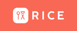 Icono de cubiertos junto a la palabra RICE en fondo rojo.