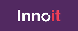 Logotipo de Innoit con letras blancas y rojas sobre fondo púrpura.