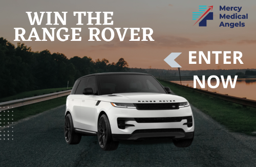 Win a White Range Rover SUV with black roof and wheels beside text reading 'Limited-Time Sweepstakes Enter to Win. Give Hope.'