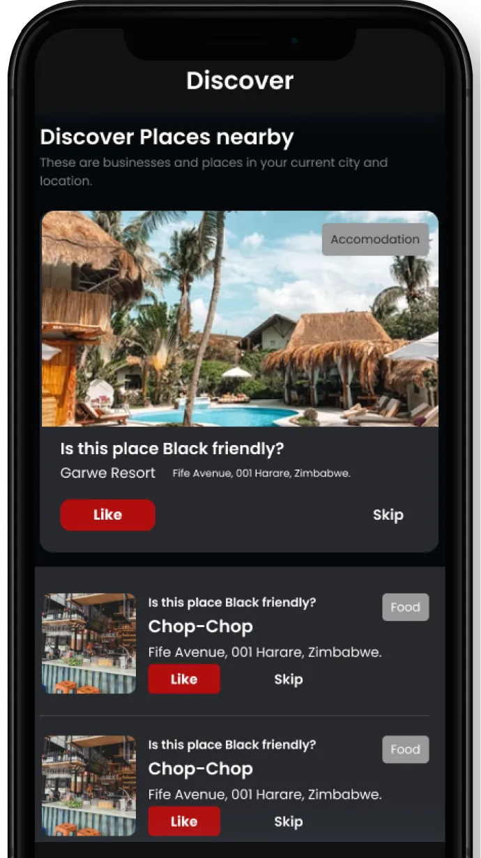 Mobile app screen titled Discover showing listings of nearby places asking if they are Black friendly, including Garwe Resort with a pool under palm trees labeled Accommodation, and Chop-Chop restaurant listings labeled Food, all located on Fife Avenue, Harare, Zimbabwe.