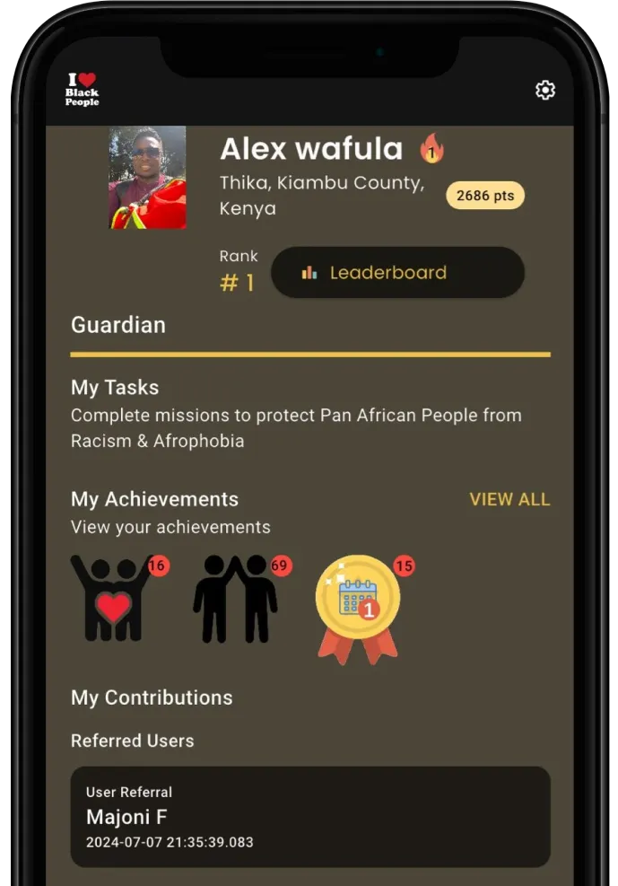 Mobile app screen showing user profile of Alex Wafula from Thika, Kiambu County, Kenya, ranked number 1 with 2686 points, tasks to protect Pan African People from Racism and Afrophobia, achievements icons with notification badges, and a referred user named Majoni F with timestamp.