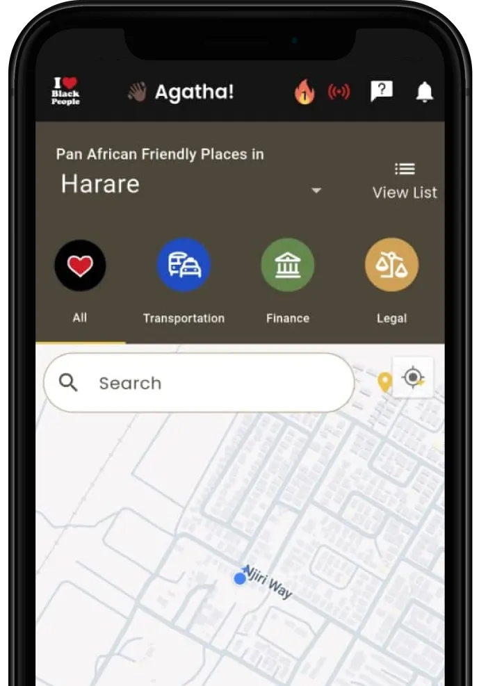 Mobile app screen showing Pan African Friendly Places in Harare with category icons for All, Transportation, Finance, and Legal, plus a search bar and a map focused on Njiri Way.