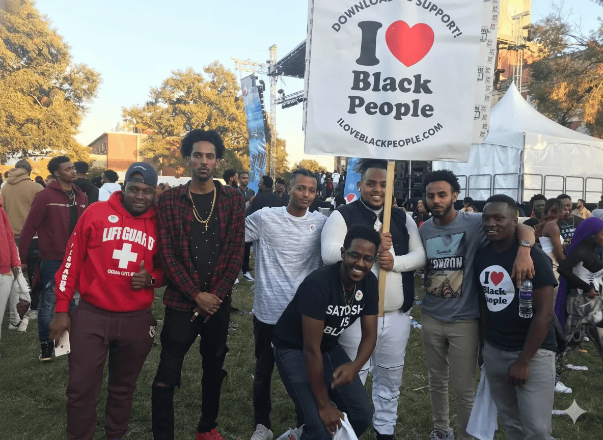 Group of men outdoors at an event, one holding a sign that reads 'I ❤️ Black People,' with others wearing shirts expressing similar messages.