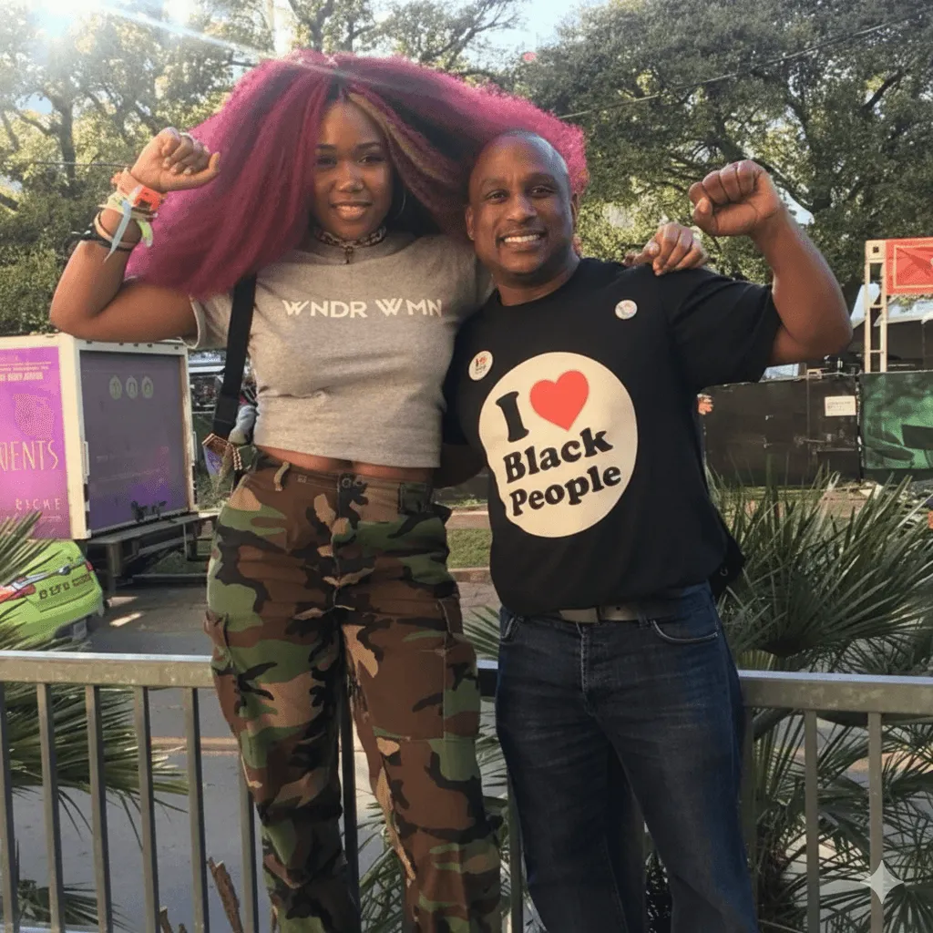 Two people smiling with raised fists, a woman with long purple hair wearing camo pants and a gray shirt, and a man wearing a black shirt that says 'I ♥ Black People.'