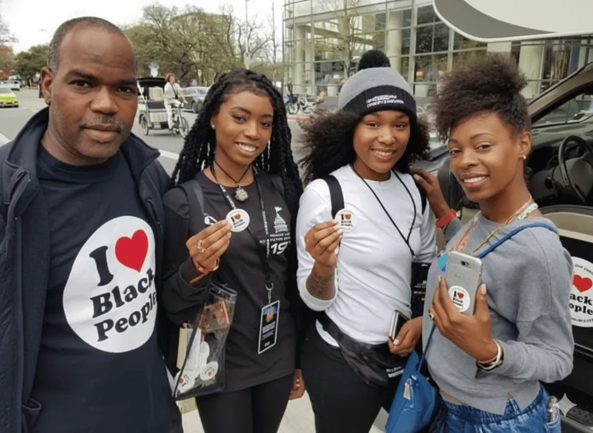 Group of four smiling Black people holding 'I heart Black People' buttons, with one wearing a shirt displaying the same message.