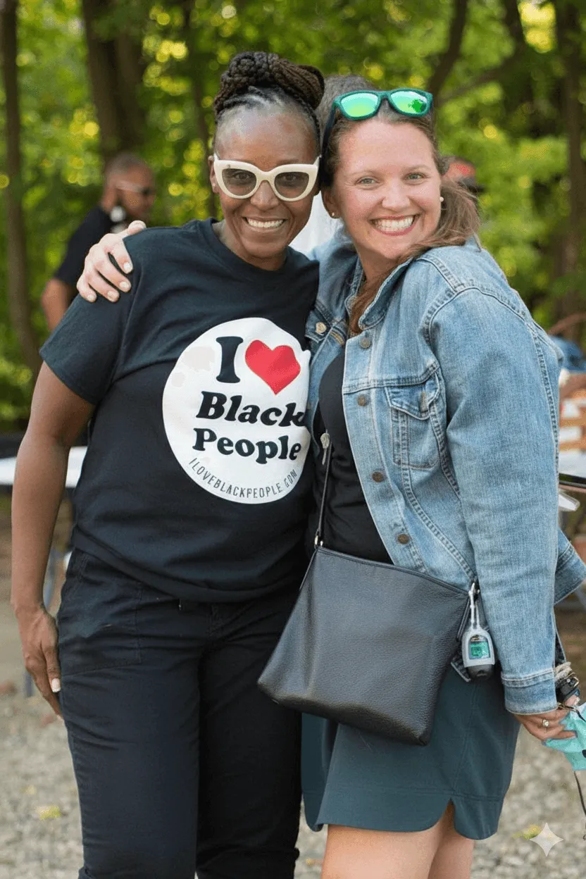 Two women smiling and posing outdoors, one wearing a black t-shirt with 'I ❤️ Black People' text and the other in a denim jacket with sunglasses on her head.