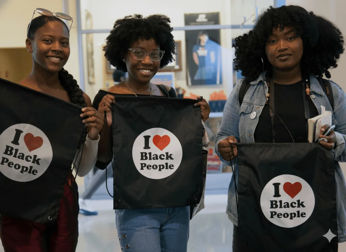 Three smiling Black women holding black bags that say 'I ♥ Black People' indoors.